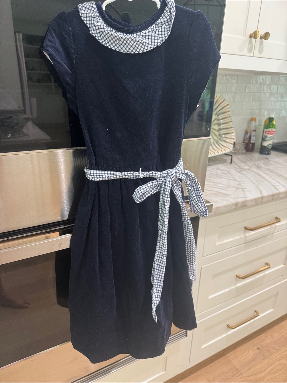 Navy Velvet Dress with Gingham Collar & Belt